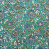 Teal With Grey Purple Flower Hand Block Print