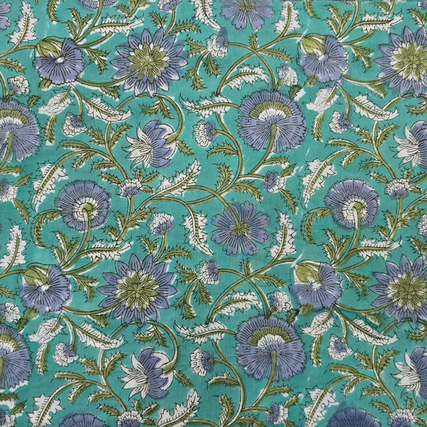 Teal With Grey Purple Flower Hand Block Print