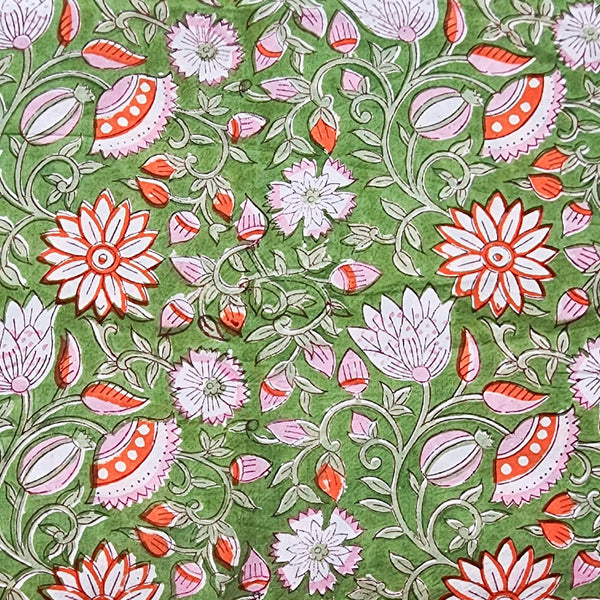 Green With Orange Flower Hand Block Print