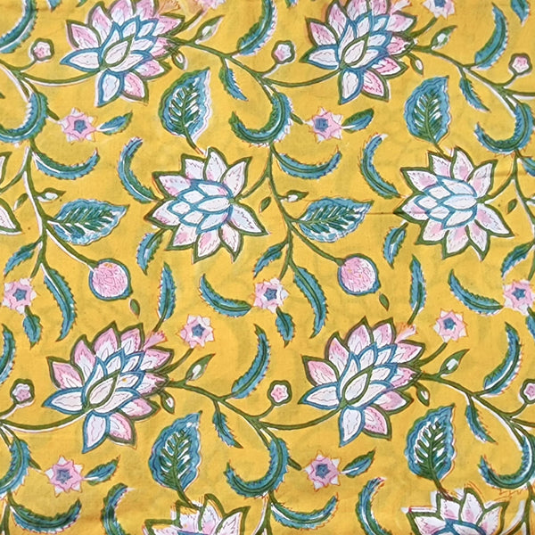 Yellow With Green And Pink Flower Hand Block Print