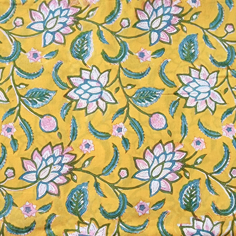 Yellow With Green And Pink Flower Hand Block Print