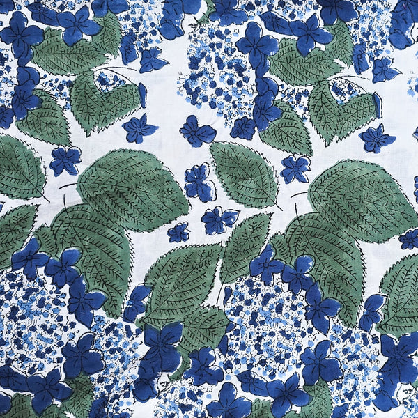 White With Green Leaves And Blue Flower Hand Block Print