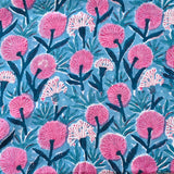 Jaipuri Teal Blue With Pink Flower Jaal Hand Block Print