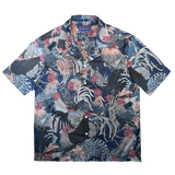 "Roosters" Printed Cotton Voile Short Sleeve Shirt - Blue