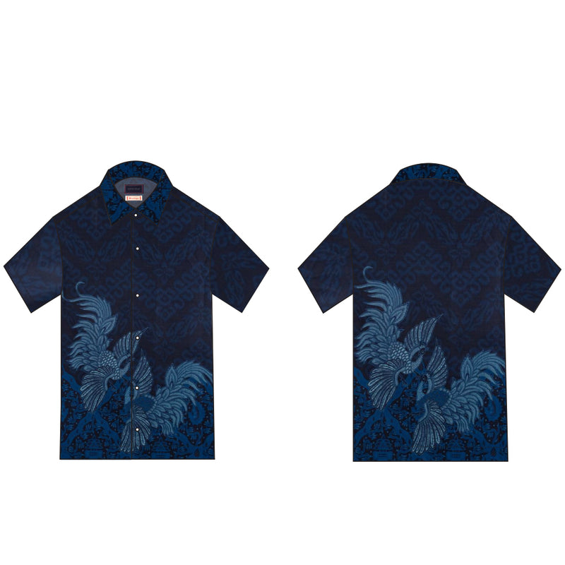 Hand Printed Silk Screen Floral & Cendrawasih Bird  Indonesian Cotton Batik - Navy