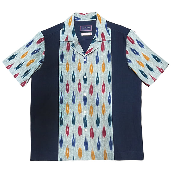 Hand Loomed Cotton Ikat / Linen Short Sleeve Shirt - Grey / Navy