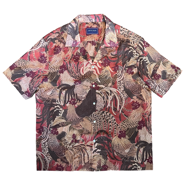 "Roosters" Printed Cotton Voile Short Sleeve Shirt - Red