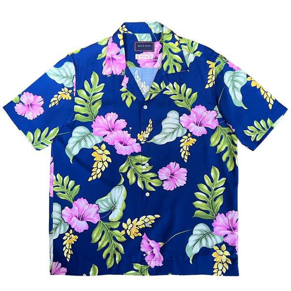 Printed Rayon Hawaiian Shirt - ROYAL BLUE