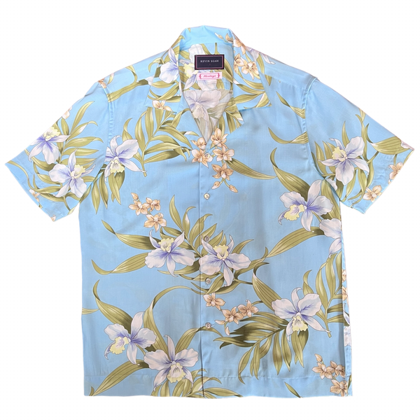 Printed Rayon Hawaiian Shirt - BAMBOO ORCHID LIGHT BLUE