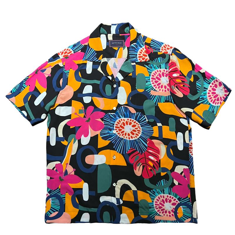 Printed Rayon Hawaiian Shirt - Black