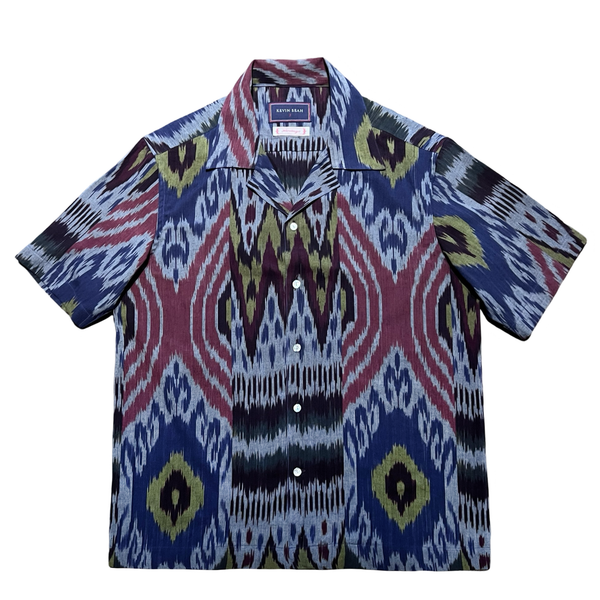 Hand Loomed Central Asian Ikat Short Sleeve Shirt - Blue