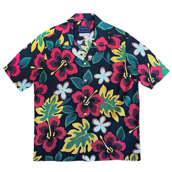 Printed Cotton Hawaiian Shirt - BLACK