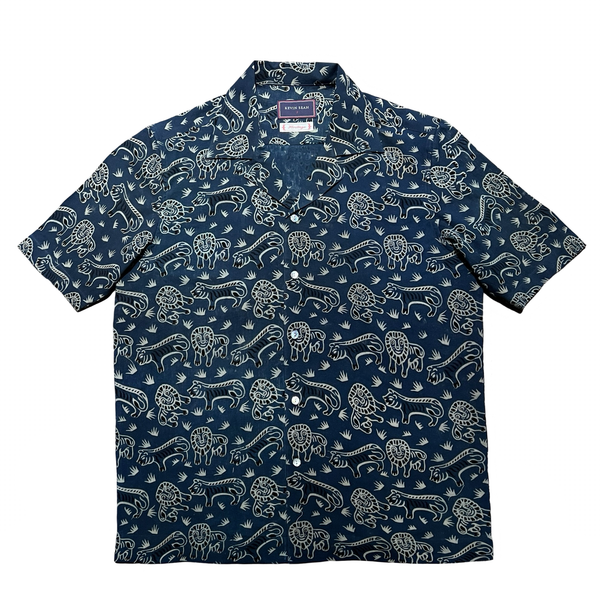 "Tiger & Lion" Block Print Short Sleeved Shirt - Navy