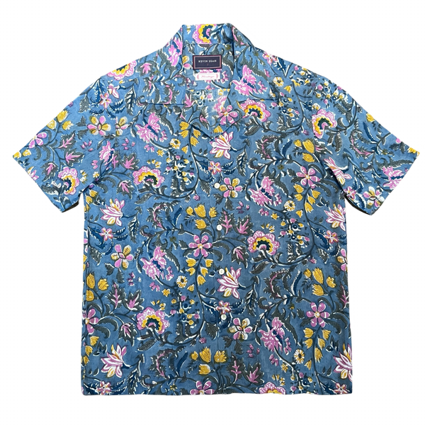 Block Print Short Sleeve Shirt - Blue / Pink